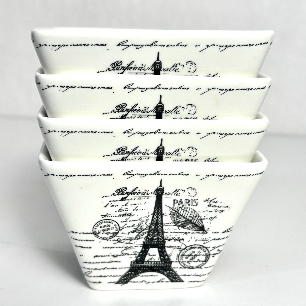 Set 4 Ciroa Eiffel Tower Paris 4" Square Appetizer/Dessert/Fruit Bowls White Blk